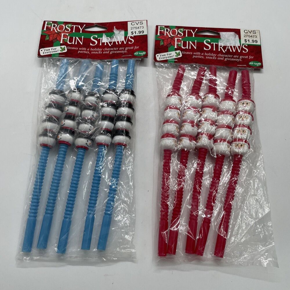 Vintage Frosty Fun Straws Christmas Straws Sealed Santa Snowman 2 Packs 10 NOS